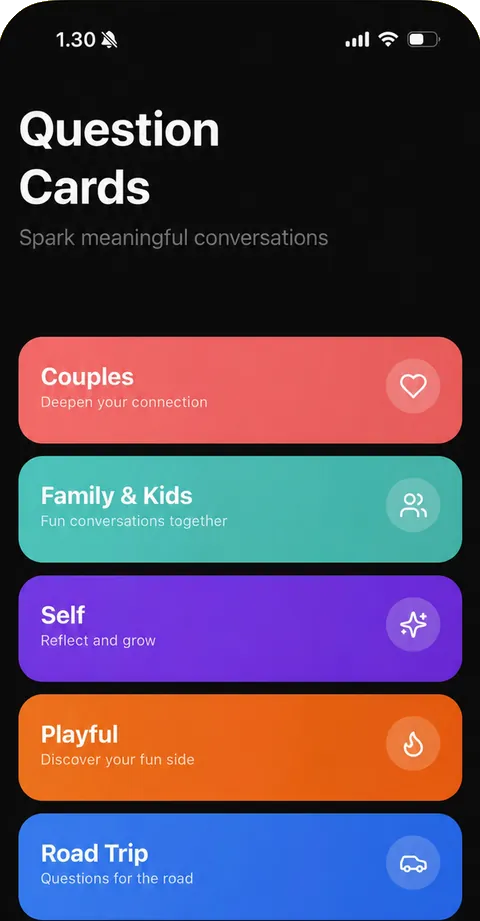 Question Cards home on iPhone, with Couples, Family & Kids, Self, Playful, and Road Trip